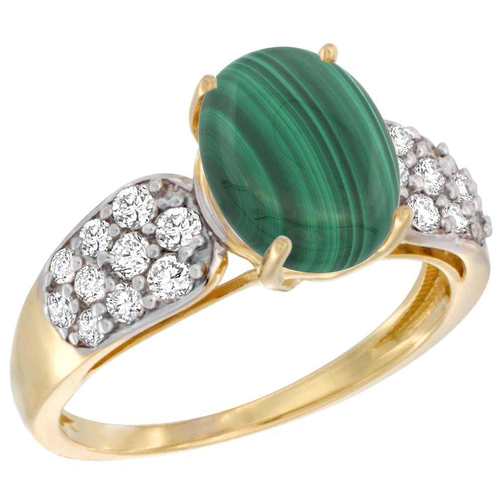 14k Yellow Gold Natural Malachite Ring Oval 10x8mm Diamond Accent, 7/16inch wide, sizes 5 - 10 