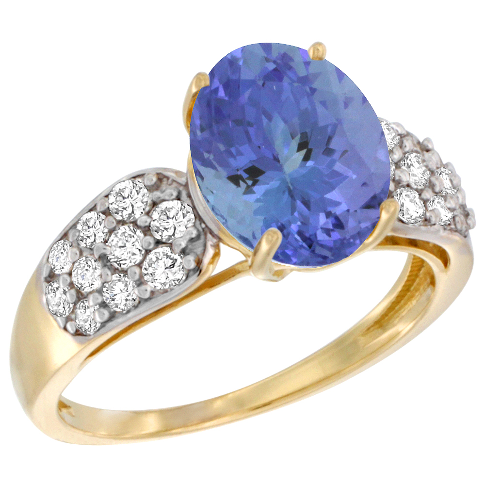 14K YELLOW GOLD NATURAL TANZANITE RING OVAL 10X8MM DIAMOND ACCENT, 7/16INCH WIDE, SIZES 5 - 10