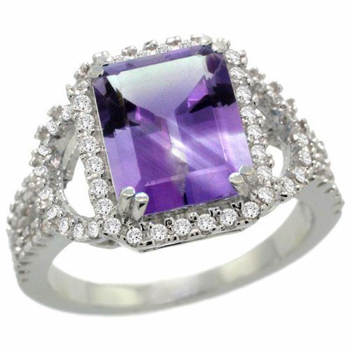 14k White Gold Natural Amethyst Ring Octagon 10x8mm Diamond Halo, 1/2inch wide, sizes 5 - 10 