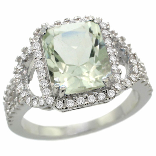 14k White Gold Natural Green Amethyst Ring Octagon 10x8mm Diamond Halo, 1/2inch wide, sizes 5 - 10 