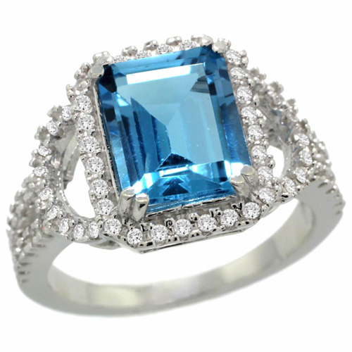 14k White Gold Natural Swiss Blue Topaz Ring Octagon 10x8mm Diamond Halo, 1/2inch wide, sizes 5 - 10 