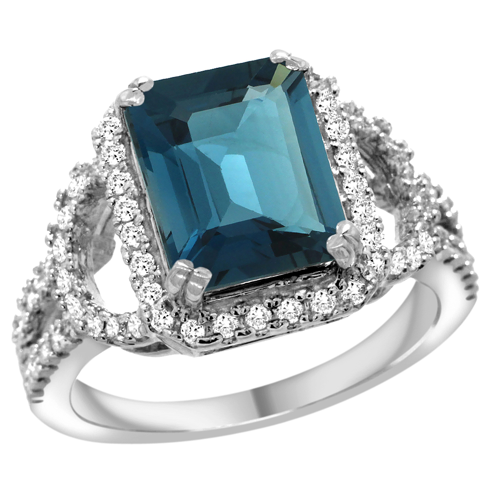 14k White Gold Natural London Blue Topaz Ring Octagon 10x8mm Diamond Halo, 1/2inch wide, sizes 5 - 10 
