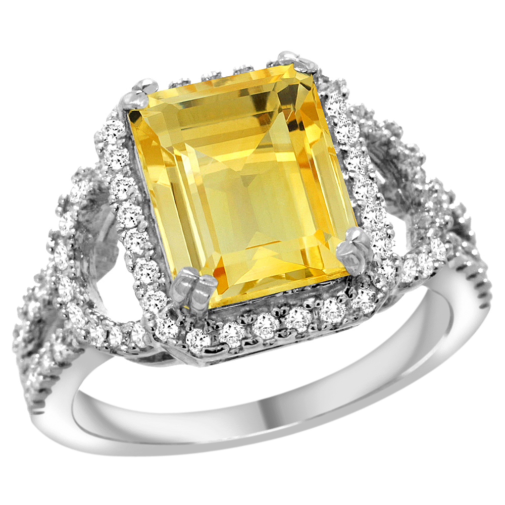 14K WHITE GOLD NATURAL CITRINE RING OCTAGON 10X8MM DIAMOND HALO, 1/2INCH WIDE, SIZES 5 - 10