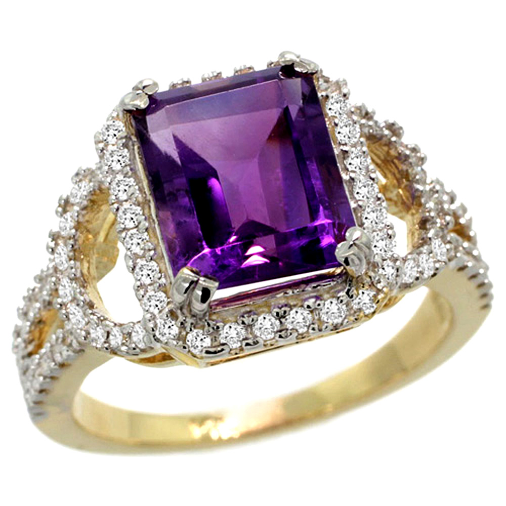 14K YELLOW GOLD NATURAL AMETHYST RING OCTAGON 10X8MM DIAMOND HALO, 1/2INCH WIDE, SIZES 5 - 10