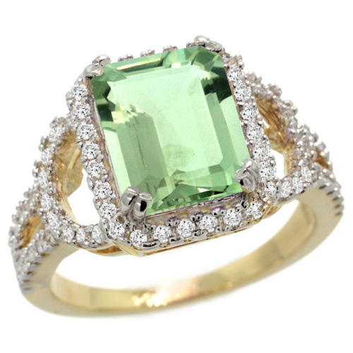 14k Yellow Gold Natural Green Amethyst Ring Octagon 10x8mm Diamond Halo, 1/2inch wide, sizes 5 - 10 