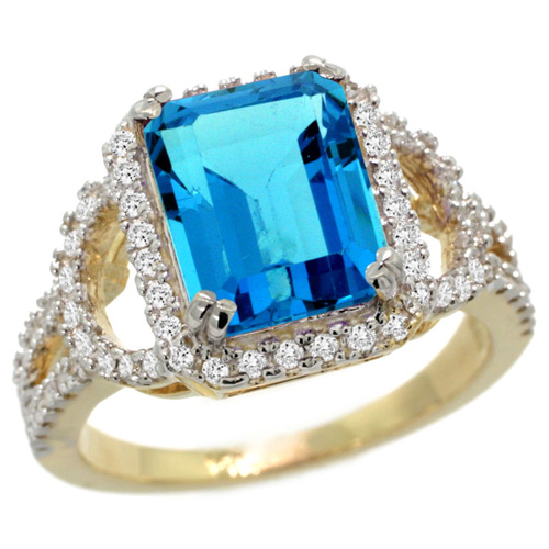 14k Yellow Gold Natural Swiss Blue Topaz Ring Octagon 10x8mm Diamond Halo, 1/2inch wide, sizes 5 - 10 