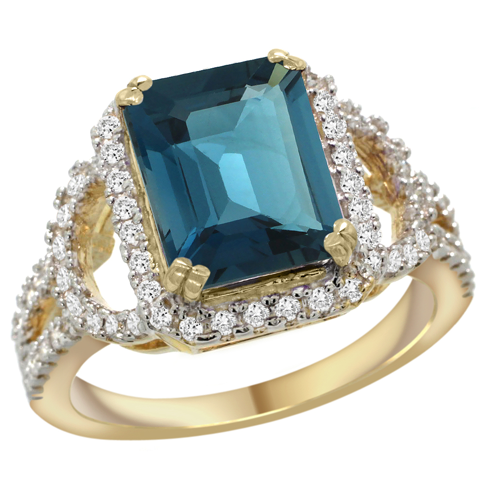 14k Yellow Gold Natural London Blue Topaz Ring Octagon 10x8mm Diamond Halo, 1/2inch wide, sizes 5 - 10 