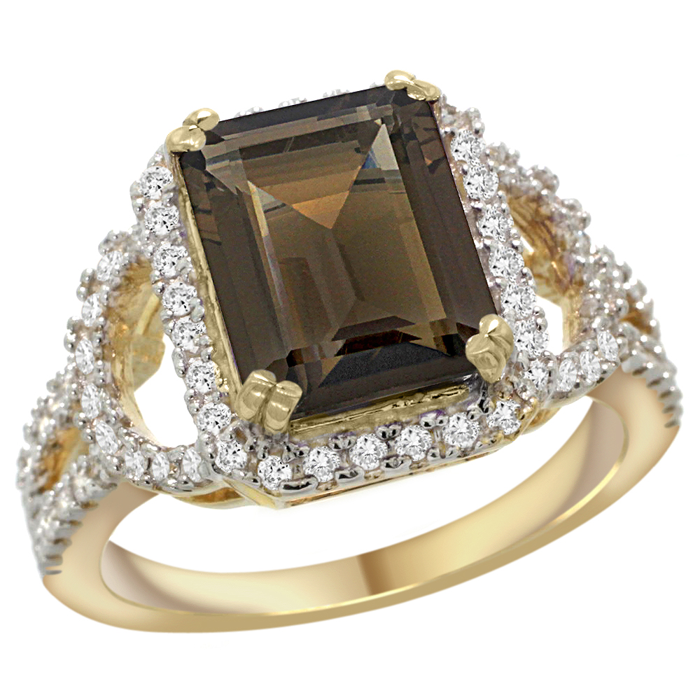 14K YELLOW GOLD NATURAL SMOKY TOPAZ RING OCTAGON 10X8MM DIAMOND HALO, 1/2INCH WIDE, SIZES 5 - 10