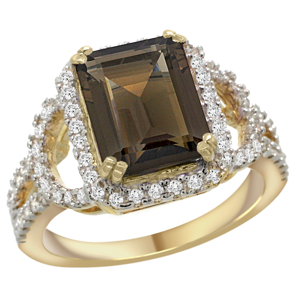 14k Yellow Gold Natural Smoky Topaz Ring Octagon 10x8mm Diamond Halo, 1/2inch wide, sizes 5 - 10 