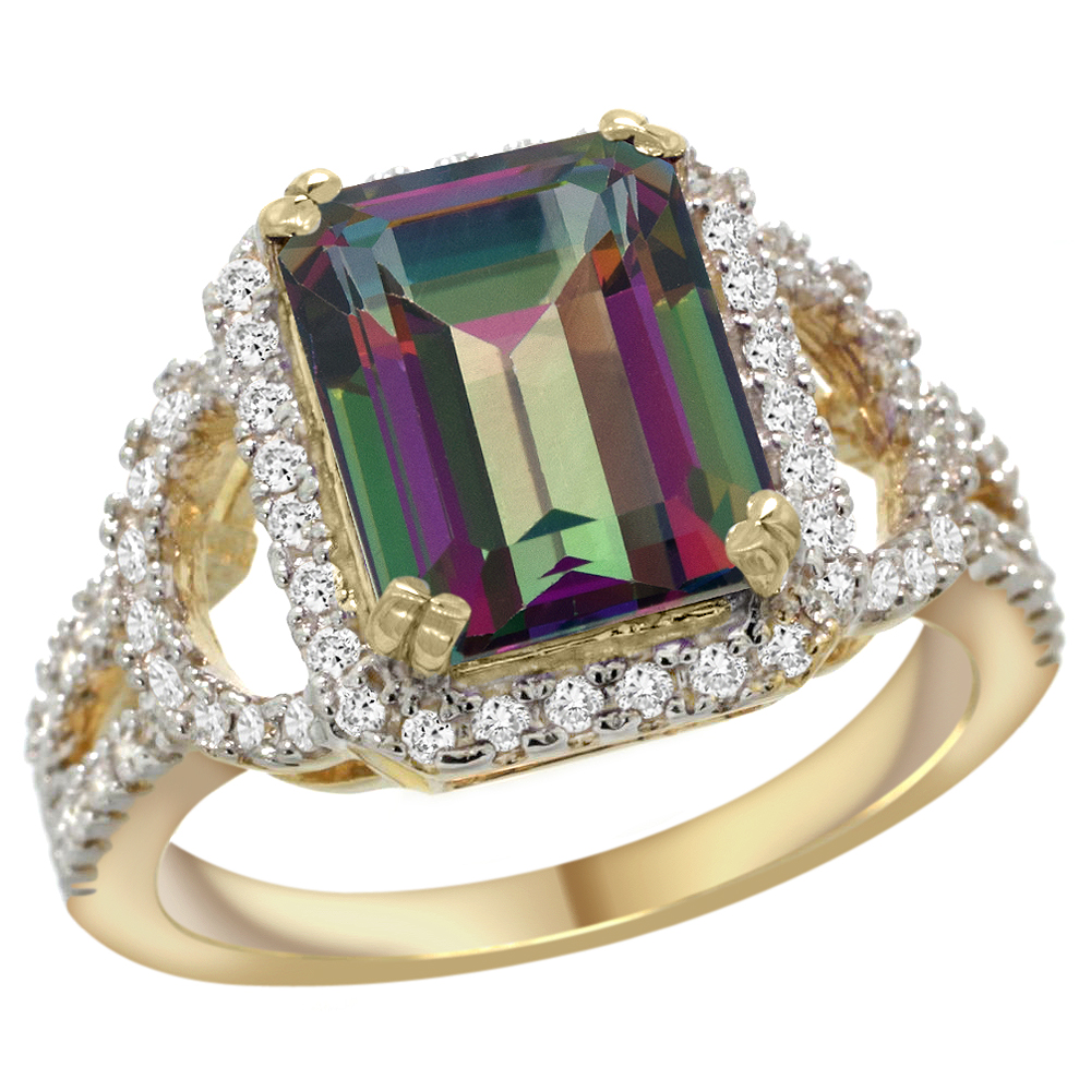 14k Yellow Gold Natural Mystic Topaz Ring 3.10 Carats Emerald Cut Stone0.41 cttw Diamonds, 1/2inch wide, sizes 5 - 10 