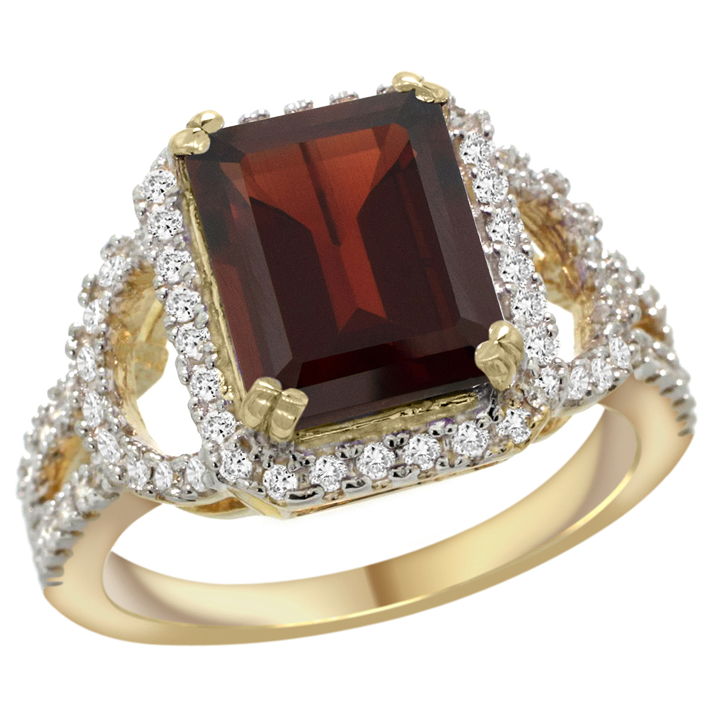 14K YELLOW GOLD NATURAL GARNET RING OCTAGON 10X8MM DIAMOND HALO, 1/2INCH WIDE, SIZES 5 - 10