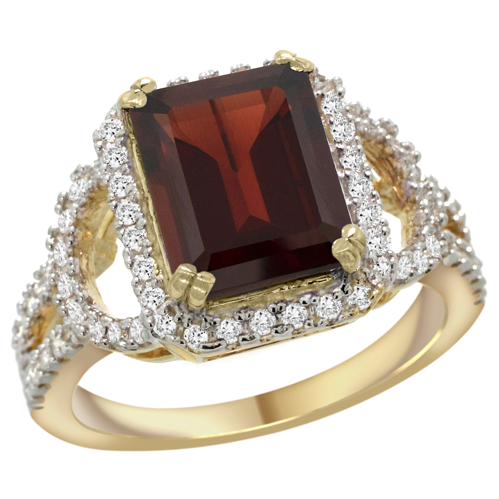 14k Yellow Gold Natural Garnet Ring Octagon 10x8mm Diamond Halo, 1/2inch wide, sizes 5 - 10 