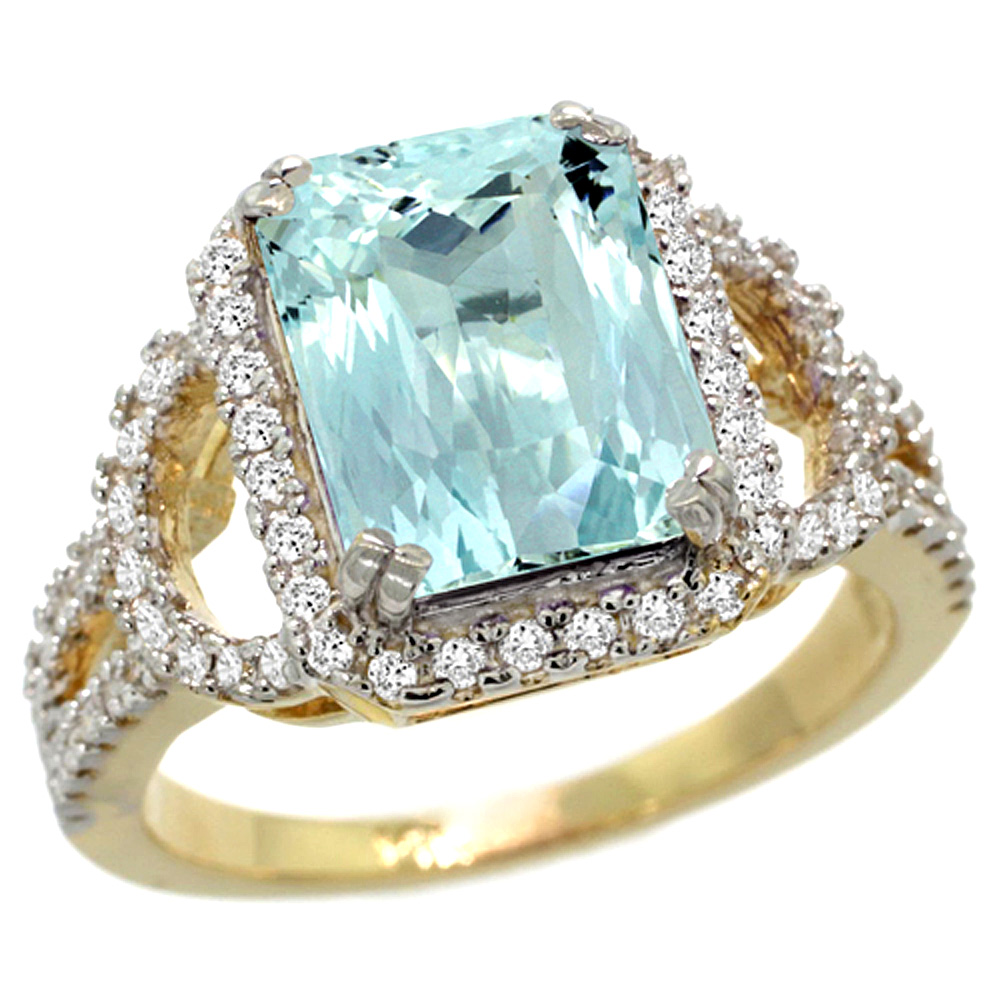 14K YELLOW GOLD NATURAL AQUAMARINE RING OCTAGON 10X8MM DIAMOND HALO, 1/2INCH WIDE, SIZES 5 - 10