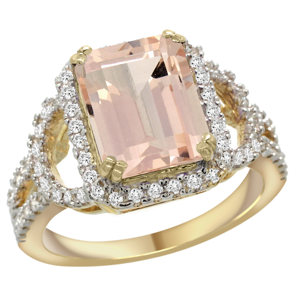 14k Yellow Gold Natural Morganite Ring Octagon 10x8mm Diamond Halo, 1/2inch wide, sizes 5 - 10 
