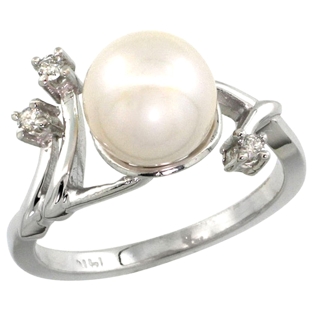 10K White Gold Pearl Ring 9mm & 0.085 cttw Diamond Accents