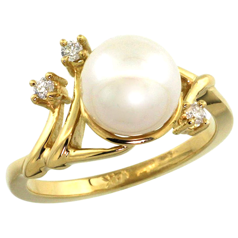 14K YELLOW GOLD PEARL RING 9MM & 0.085 CTTW DIAMOND ACCENTS