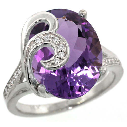 14k White Gold Natural Amethyst Ring 16x12 mm Oval Shape Diamond Accent, 5/8 inch wide 