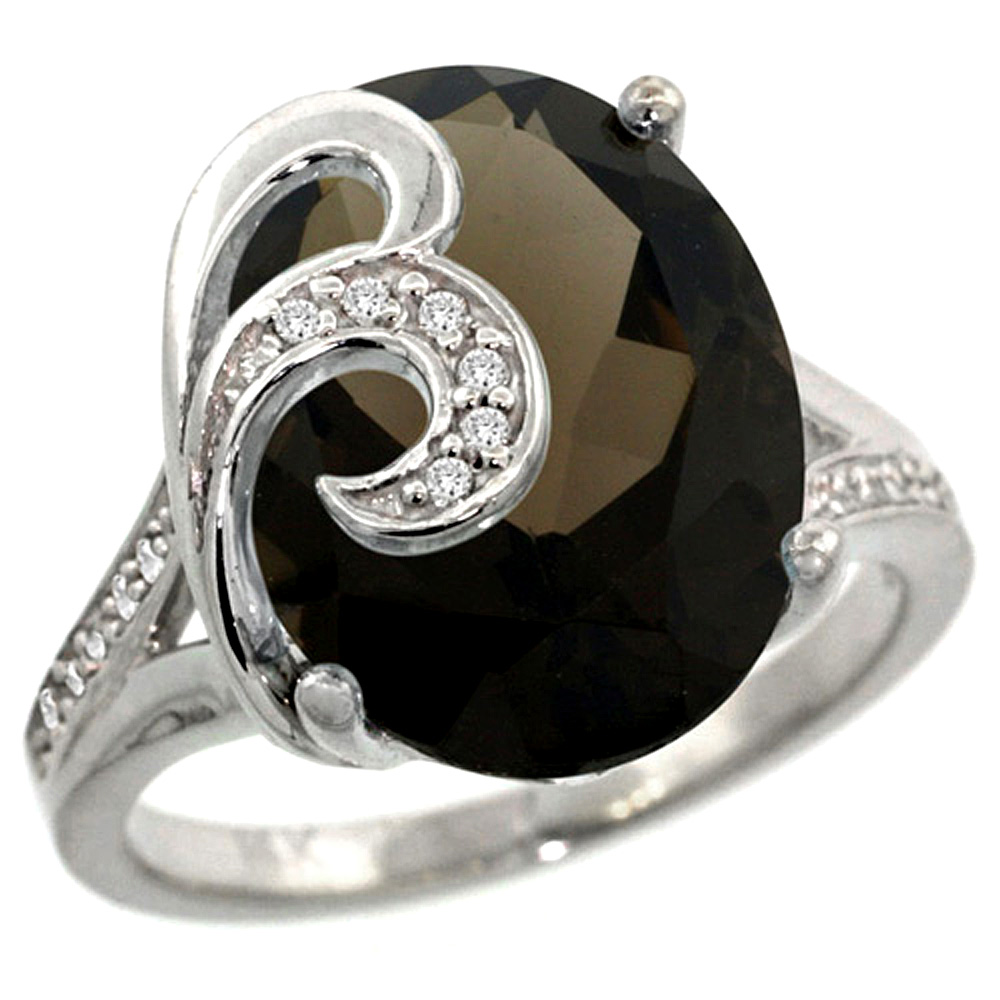 14K WHITE GOLD NATURAL SMOKY TOPAZ RING 16X12 MM OVAL SHAPE DIAMOND ACCENT, 5/8 INCH WIDE