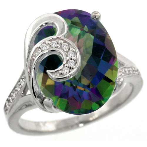14k White Gold Natural Mystic Topaz Ring 16x12 mm Oval Shape Diamond Accent, 5/8 inch wide 