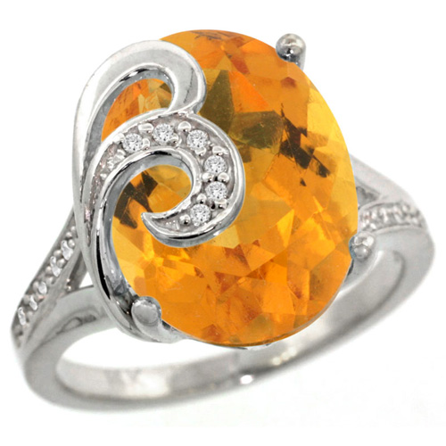 14k White Gold Natural Citrine Ring 16x12 mm Oval Shape Diamond Accent, 5/8 inch wide 