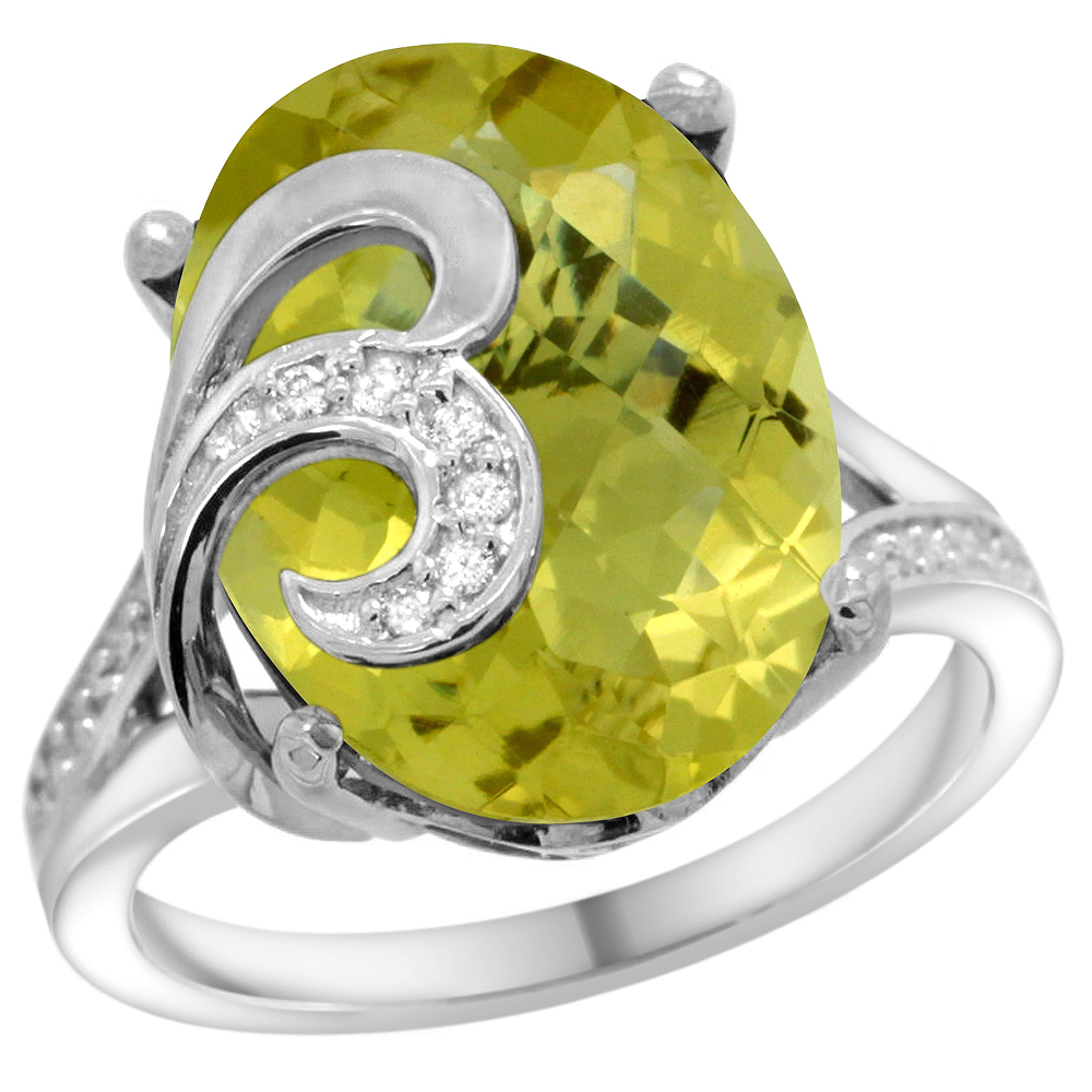 14K WHITE GOLD NATURAL LEMON QUARTZ RING 16X12 MM OVAL SHAPE DIAMOND ACCENT, 5/8 INCH WIDE