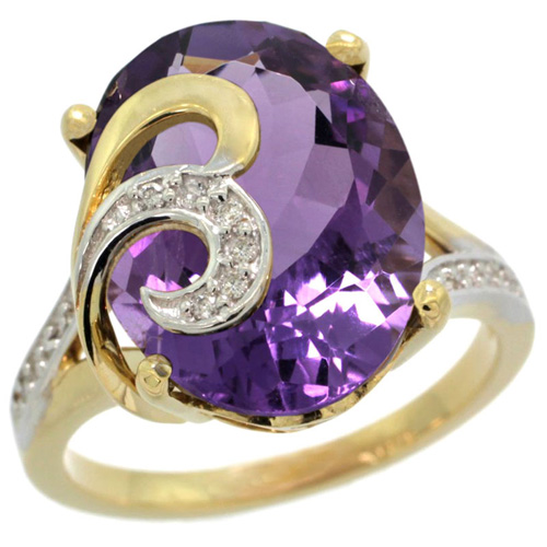 14k Yellow Gold Natural Amethyst Ring 16x12 mm Oval Shape Diamond Accent, 5/8 inch wide 