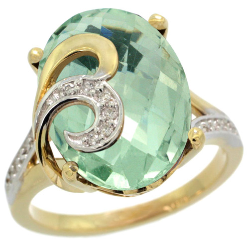 14k Yellow Gold Natural Green Amethyst Ring 16x12 mm Oval Shape Diamond Accent, 5/8 inch wide 