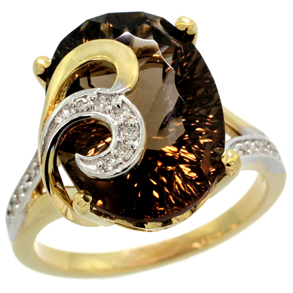 14K YELLOW GOLD NATURAL SMOKY TOPAZ RING 16X12 MM OVAL SHAPE DIAMOND ACCENT, 5/8 INCH WIDE