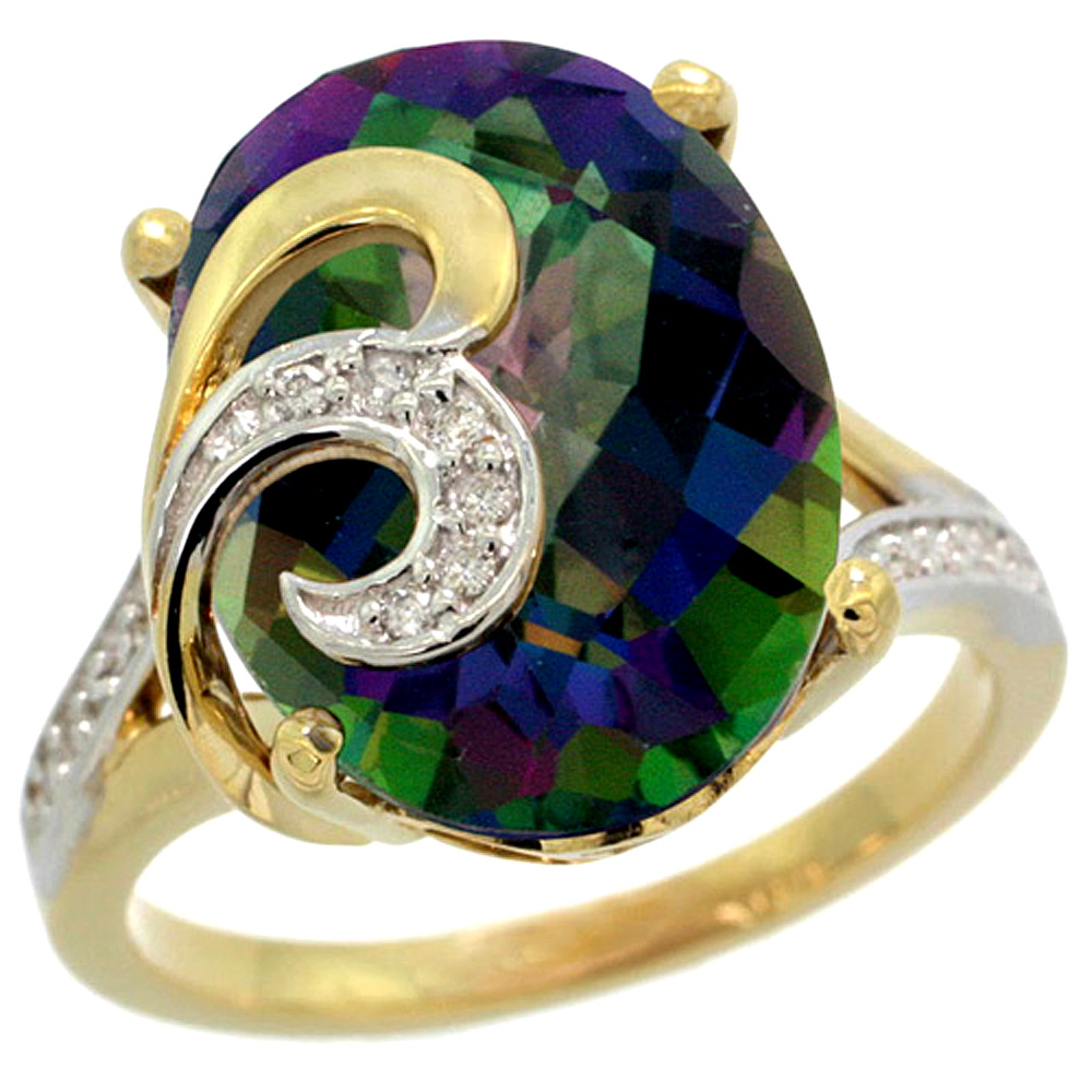 14K YELLOW GOLD NATURAL MYSTIC TOPAZ RING 16X12 MM OVAL SHAPE DIAMOND ACCENT, 5/8 INCH WIDE