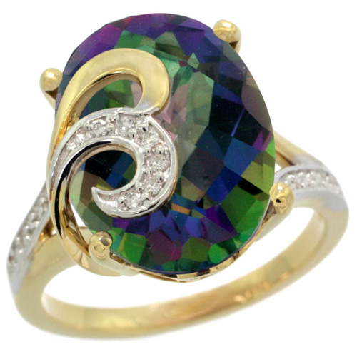 14k Yellow Gold Natural Mystic Topaz Ring 16x12 mm Oval Shape Diamond Accent, 5/8 inch wide 