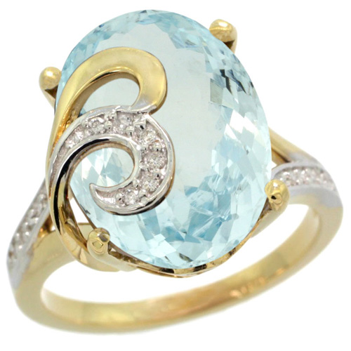 14k Yellow Gold Natural Aquamarine Ring 16x12 mm Oval Shape Diamond Accent, 5/8 inch wide 