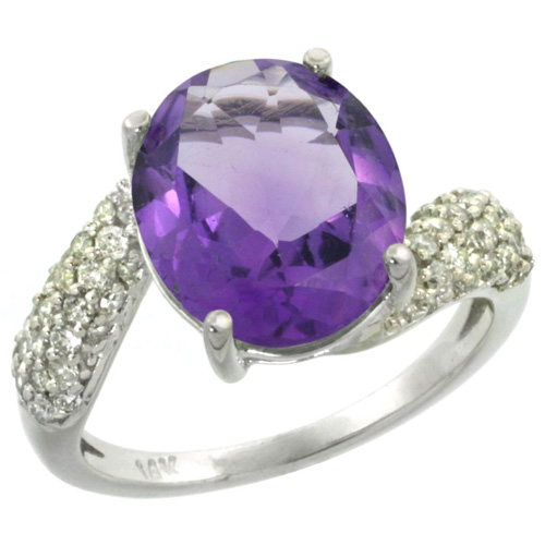 14k White Gold Natural Amethyst Ring Oval 12x10mm Diamond Halo, 1/2inch wide, sizes 5 - 10 