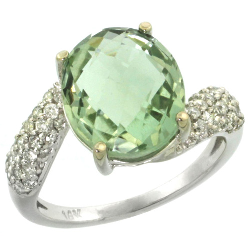 14k White Gold Natural Green Amethyst Ring Oval 12x10mm Diamond Halo, 1/2inch wide, sizes 5 - 10 