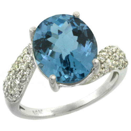 14k White Gold Natural London Blue Topaz Ring Oval 12x10mm Diamond Halo, 1/2inch wide, sizes 5 - 10 