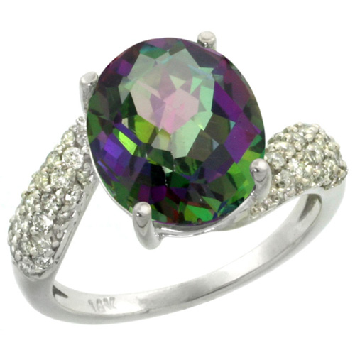14k White Gold Natural Mystic Topaz Ring Oval 12x10mm Diamond Halo, 1/2inch wide, sizes 5 - 10 