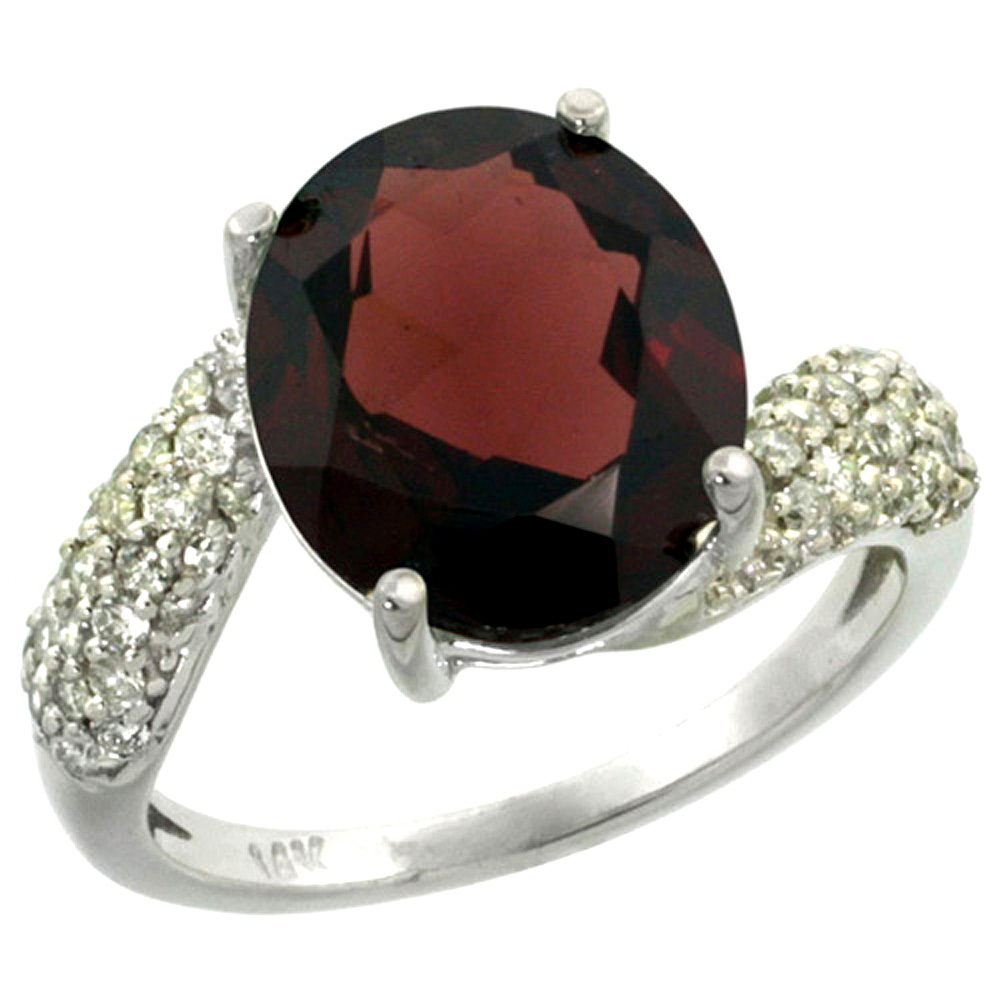 14K WHITE GOLD NATURAL GARNET RING OVAL 12X10MM DIAMOND HALO, 1/2INCH WIDE, SIZES 5 - 10
