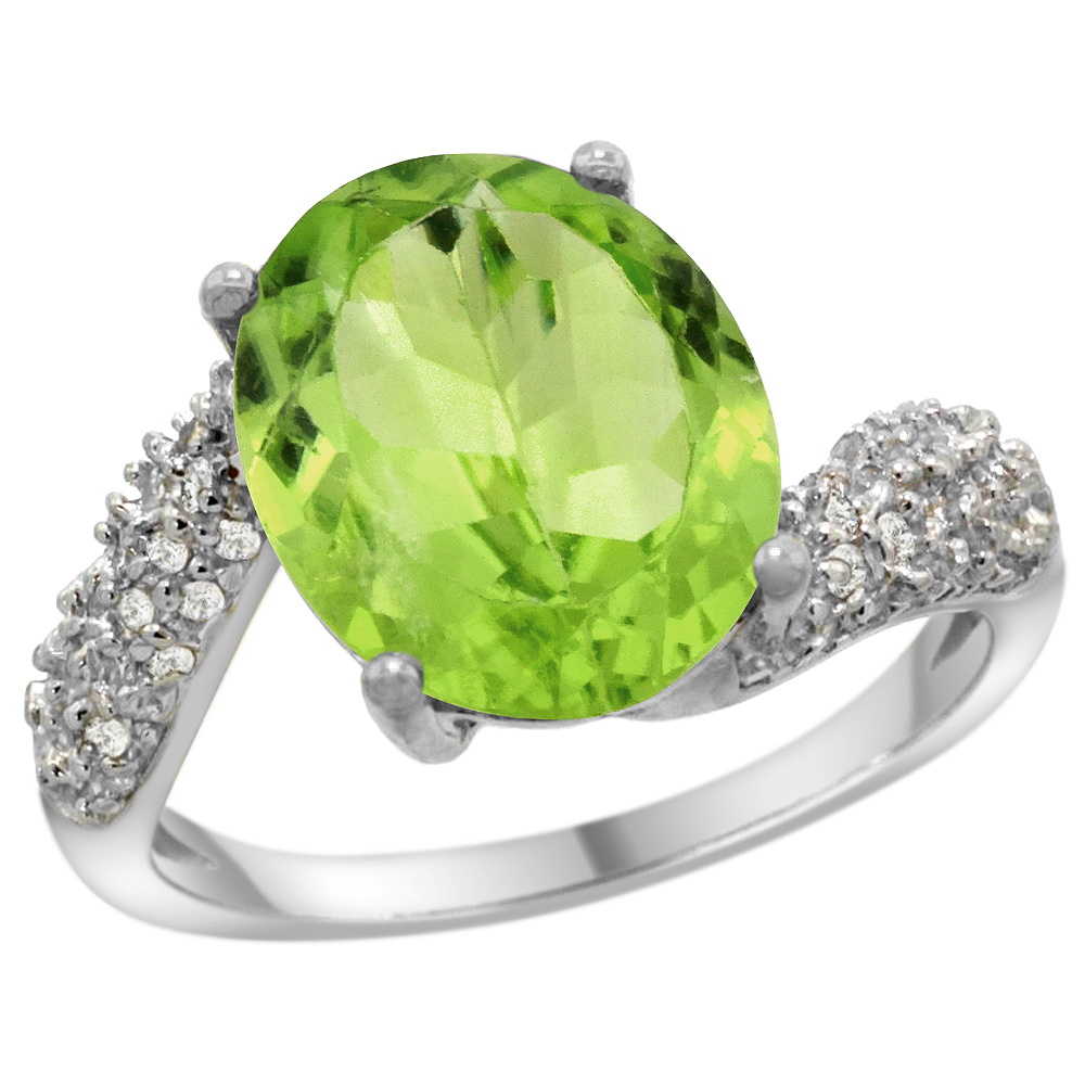 14k White Gold Natural Peridot Ring Oval 12x10mm Diamond Halo, 1/2inch wide, sizes 5 - 10 