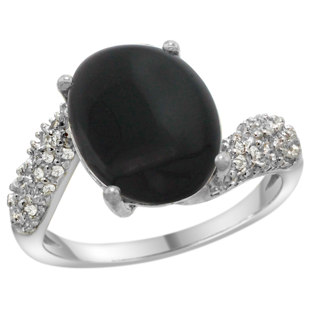 14k White Gold Natural Black Onyx Ring Oval 12x10mm Diamond Halo, 1/2inch wide, sizes 5 - 10 