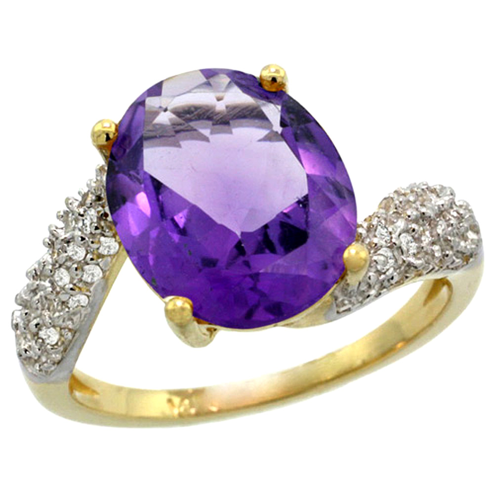 14K YELLOW GOLD NATURAL AMETHYST RING OVAL 12X10MM DIAMOND HALO, 1/2INCH WIDE, SIZES 5 - 10