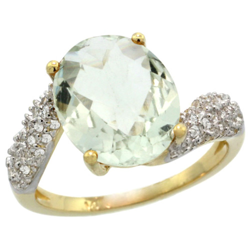 14k Yellow Gold Natural Green Amethyst Ring Oval 12x10mm Diamond Halo, 1/2inch wide, sizes 5 - 10 