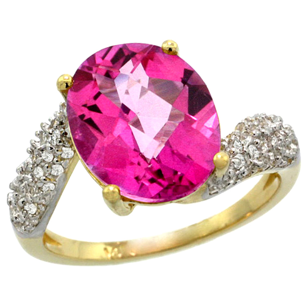 14K YELLOW GOLD NATURAL PINK TOPAZ RING OVAL 12X10MM DIAMOND HALO, 1/2INCH WIDE, SIZES 5 - 10