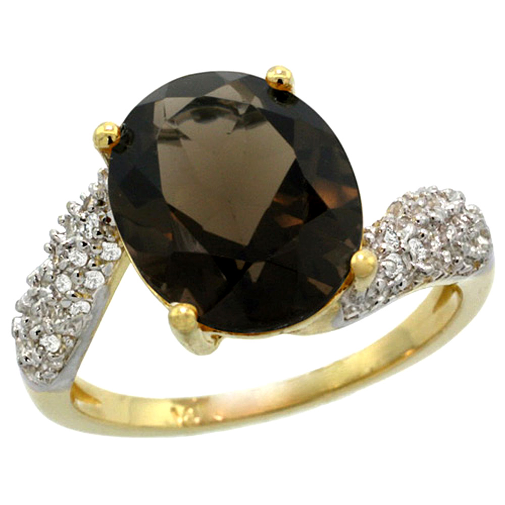 14K YELLOW GOLD NATURAL SMOKY TOPAZ RING OVAL 12X10MM DIAMOND HALO, 1/2INCH WIDE, SIZES 5 - 10