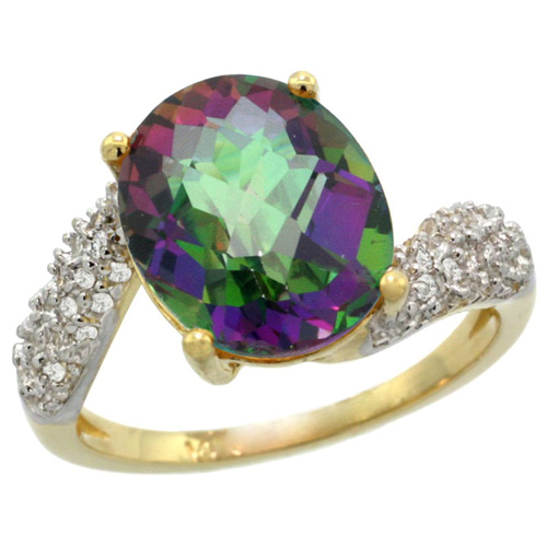 14k Yellow Gold Natural Mystic Topaz Ring Oval 12x10mm Diamond Halo, 1/2inch wide, sizes 5 - 10 
