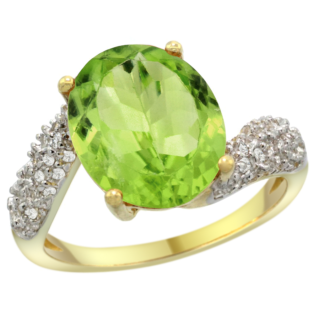 14K YELLOW GOLD NATURAL PERIDOT RING OVAL 12X10MM DIAMOND HALO, 1/2INCH WIDE, SIZES 5 - 10