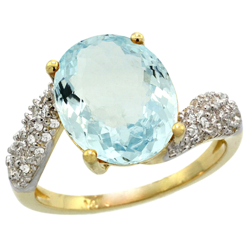 14K YELLOW GOLD NATURAL AQUAMARINE RING OVAL 12X10MM DIAMOND HALO, 1/2INCH WIDE, SIZES 5 - 10