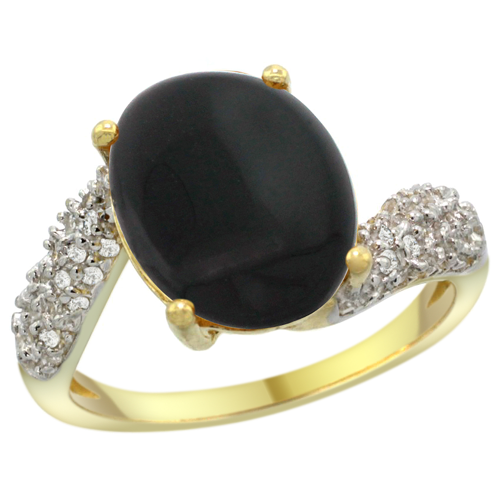 14K YELLOW GOLD NATURAL BLACK ONYX RING OVAL 12X10MM DIAMOND HALO, 1/2INCH WIDE, SIZES 5 - 10