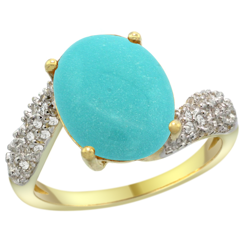 14K YELLOW GOLD NATURAL TURQUOISE RING OVAL 12X10MM DIAMOND HALO, 1/2INCH WIDE, SIZES 5 - 10