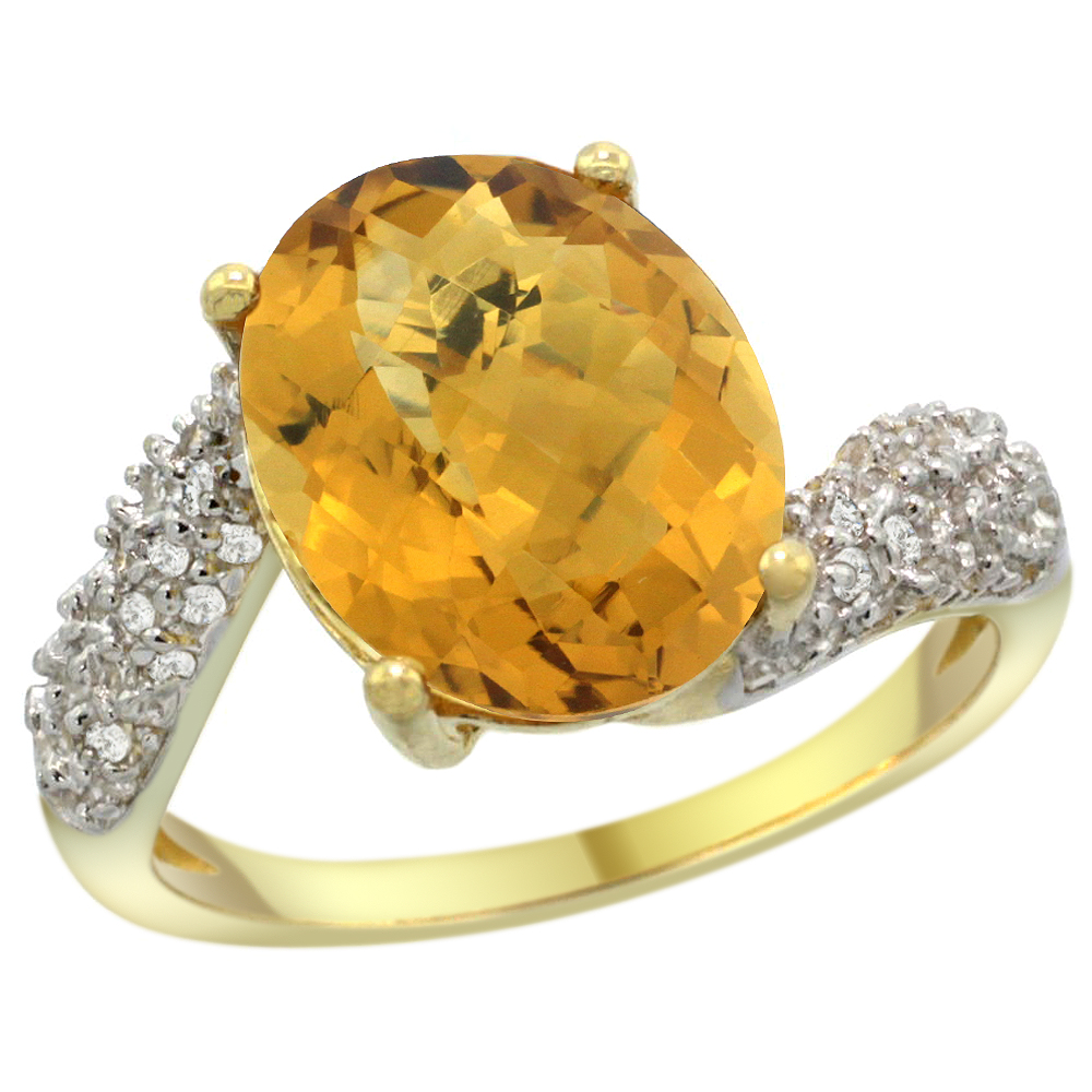 14K YELLOW GOLD NATURAL WHISKY QUARTZ RING OVAL 12X10MM DIAMOND HALO, 1/2INCH WIDE, SIZES 5 - 10
