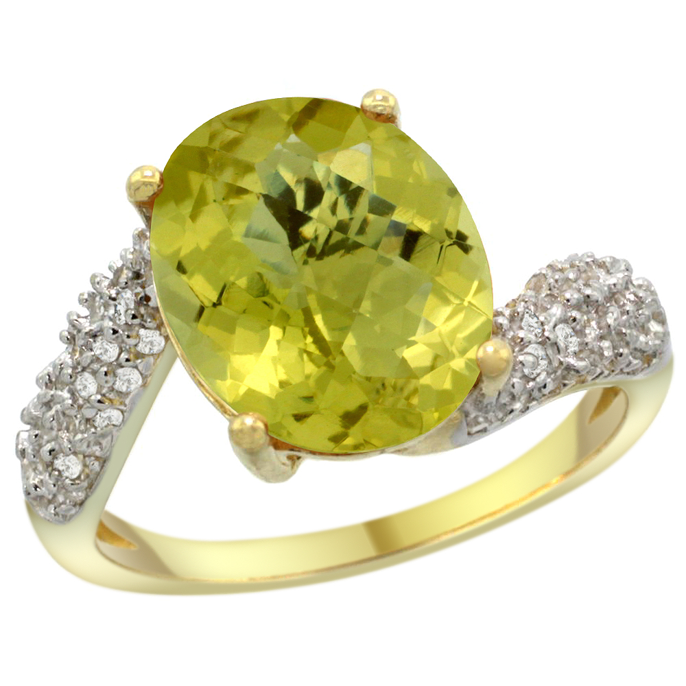 14K YELLOW GOLD NATURAL LEMON QUARTZ RING OVAL 12X10MM DIAMOND HALO, 1/2INCH WIDE, SIZES 5 - 10