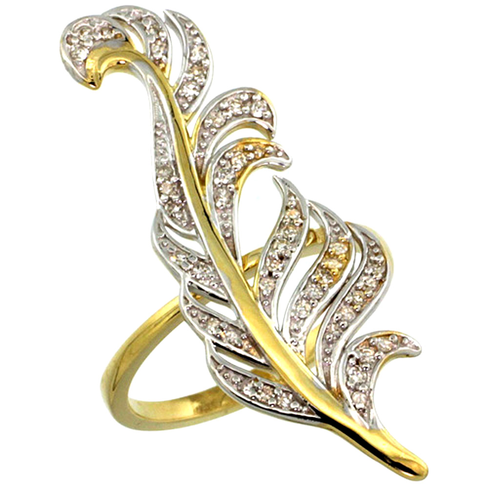 10K Yellow Gold Palm Leaf Ring with Diamond Accents 0.23 cttw, 1 3/8 inch wide
